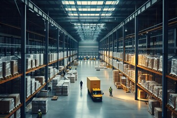 Modern warehouse with stacks of boxes. Generative AI