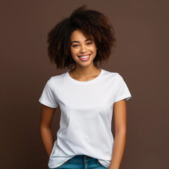 Mockup. Smiling Black Women in White T-Shirt