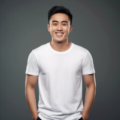 Mockup. Smiling Chinese Man in White T-Shirt