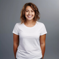 Fototapeta premium Mockup. Smiling Fat Women in White T-Shirt