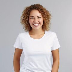 Fototapeta premium Mockup. Smiling Fat Women in White T-Shirt