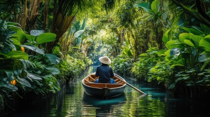 Mekong Delta Discovery: Experience the Riverside Charm as a Man Navigates Through the Lush Greenery on a Traditional Wooden Boat, Unraveling the Intricate Waterways of Vietnam's Mekong Delta.




 - obrazy, fototapety, plakaty