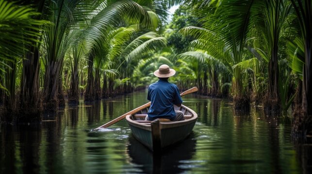 Mekong Delta Discovery: Experience the Riverside Charm as a Man Navigates Through the Lush Greenery on a Traditional Wooden Boat, Unraveling the Intricate Waterways of Vietnam's Mekong Delta.




