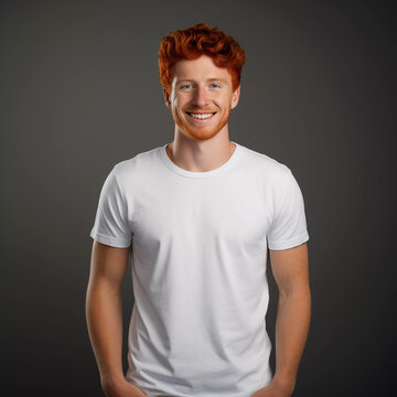 Mockup. Smiling Redhead Man in White T-Shirt