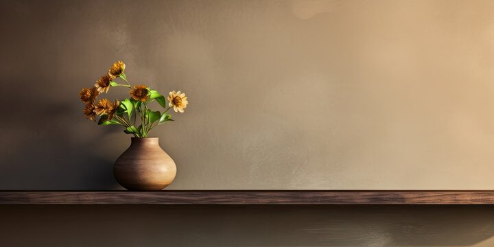 dark brown wall with wooden shelf and flower vase.