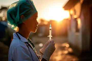 Fotobehang Medical Aid in Action: A Dedicated MSF Healthcare Worker, Syringe Ready, Tackles Viruses and Vaccination Efforts in Impoverished Countries, Particularly Across Africa, as a Part of Doctors Without Bor © Mr. Bolota