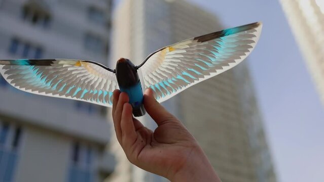 Hand holds drone in shape of bird which flatters by wings. Slow motion