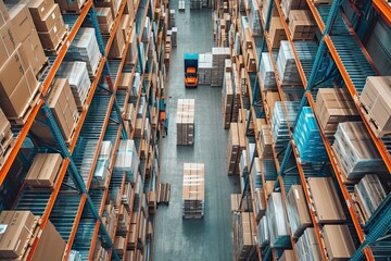 Modern warehouse with stacks of boxes. Generative AI - obrazy, fototapety, plakaty