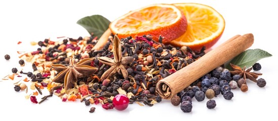 Dry herbal tea mixed with spices and fruit, displayed on a white background.