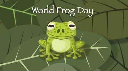 A tree frog against a background of foliage and the inscription "World Frog Day". This day is celebrated every year on March 20.