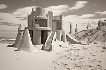 Surreal Brutalist Mid-Century Sand Castle on the Beach