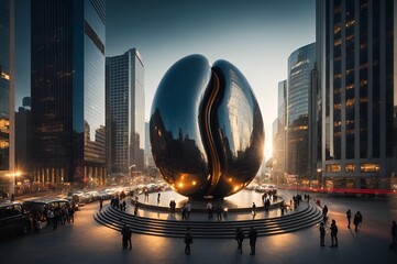 a giant coffee bean statue in the midst of a city