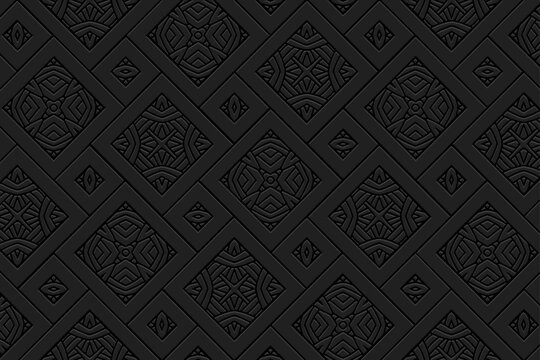 Embossed stylish black background, vintage cover design. Handmade, boho, doodle, zentagle. Geometric 3D pattern. Ornaments, arabesques. Ethnicity of the East, Asia, India, Mexico, Aztec, Peru.