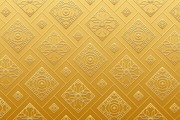 Embossed ornamental gold background, vintage cover design. Handmade, boho, doodle, zentagle. Geometric gold 3D pattern. Ethnicity of the East, Asia, India, Mexico, Aztec, Peru.