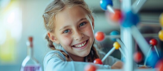 Schoolgirl happily learning about molecular structure in school lab.