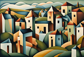 cubist style abstract painting of a european village in a rural setting with geometric shapes and subdued colors