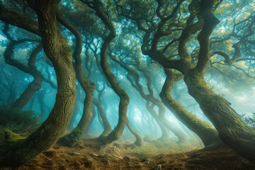 Whimsical upside-down forest where trees grow upside down.