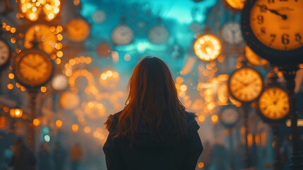 Lonely Girl Standing on Dark Street with Clocks in the Background - obrazy, fototapety, plakaty