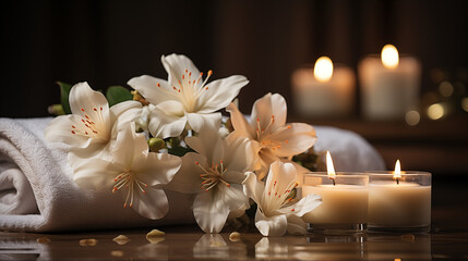 Spa accessory composition set - orchid, towels, and candles in a day spa hotel and beauty wellness center.