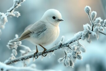 Little cute fluffy white bird in hoarfrost on a branch under the snow in the Christmas park.