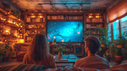 Fototapeta premium Holographic screen in futuristic home, couple engaged, showcasing innovation
