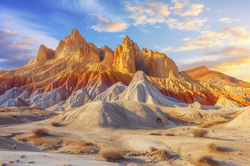 Alien desert landscape, otherworldly desert with strange rock formations and colors.