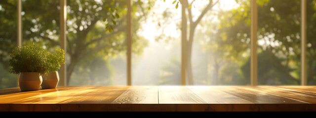 wood kitchen table with trees in background 3d render