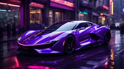 Futuristic Marvel: Cyberpunk Cityscape with a Sleek Purple Supercar