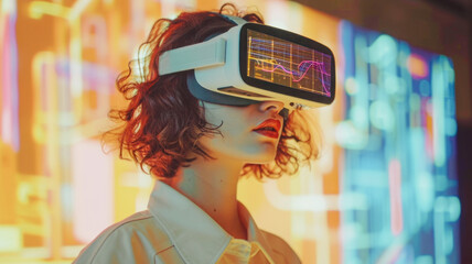Futuristic minimalistic cyber-neon portrait of a young girl wearing VR glasses, immersed in the virtual reality experience.