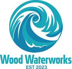 wood water work logo, woodworking emblem, water-related design, modern carpentry branding, craftsmanship icon, wooden construction logo, aquatic woodworking emblem,