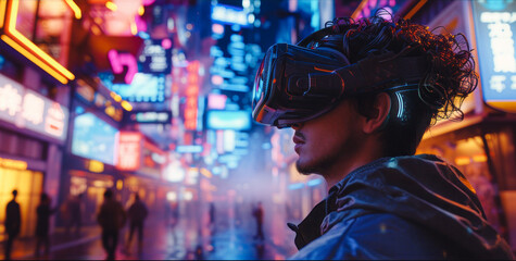 Fototapeta na wymiar Futuristic minimalistic cyber-neon portrait of a young man wearing VR glasses, immersed in the virtual reality experience.