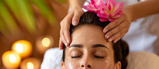 Woman getting a scalp massage at a beauty spa for skincare, stress relief, and healing therapy, with a therapist offering physical and luxury facial treatments.