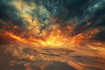 Obraz premium Elemental storm in a desert landscape engulfed in elemental storms of fire.