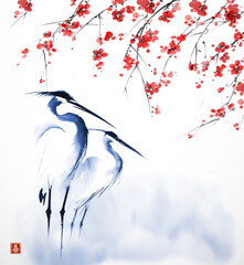 Minimalist ink painting with two herons and blossoming sakura branches. Traditional oriental ink painting sumi-e, u-sin, go-hua. Translation of hieroglyph - joy