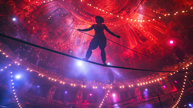 aerialist on a rope under the circus dome, trapeze, acrobat, gymnast, athlete, show, performance, holiday, man performs in the arena, balance, dangerous act, extreme