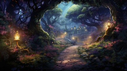 Enchanted forest pathway leading to magical mansion at night. Fantasy and imagination. - obrazy, fototapety, plakaty