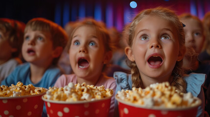 Fototapeta premium surprised happy delighted children watching a show in the circus and eating popcorn from buckets, kids, toddler, emotional face, portrait, person, childhood, joy, people, performance, cinema, concert
