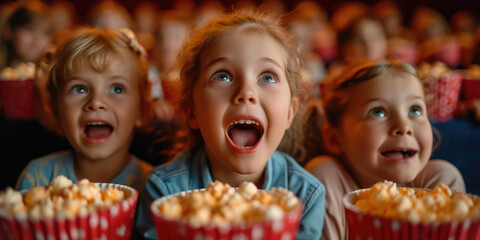 surprised happy delighted children watching a show in the circus and eating popcorn from buckets, kids, toddler, emotional face, portrait, person, childhood, joy, people, performance, cinema, concert
