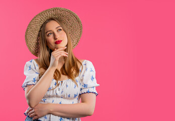 Thinking around woman on pink background. Puzzled lady looking for answer. Copy