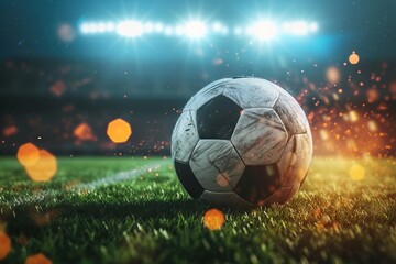 Fototapeta premium Close up of a soccer ball at the football stadium. Generative AI