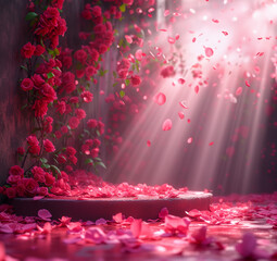3d empty product display podium designed for presentations. Exhibition
stage filled with sunbeams and scattered red rose petals, embodying romance and intimate celebrations.
