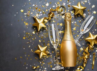 Celebration background with champagne/sparkling wine bottle, decoration ornaments such as stars. Golden decoration over black/grey background. Holiday celebration wallpaper design.