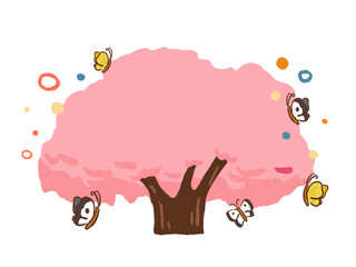 桜の木と蝶の手描き風フレームイラスト