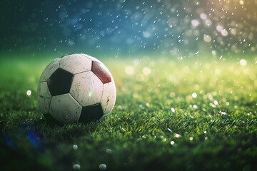 Naklejka premium Close up of a soccer ball at the football stadium. Generative AI