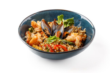 Hibachi rice with seafood on white background studio food photo 4