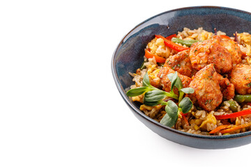 Hibachi rice with kimchi pork on a white background studio food photo 6