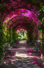 Enchanted Garden Walkway with Flowering Pink Arch and Wrought Iron Benches