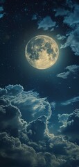 Fototapeta na wymiar A mesmerizing view of a full moon illuminating a night sky with scattered clouds, ideal for a mystical lock screen wallpaper.