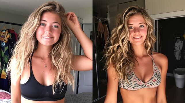 Two pictures of a woman in bikini top and bra before and after, AI