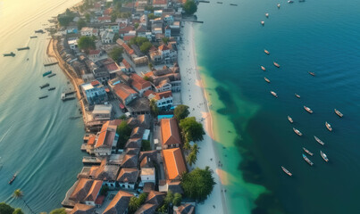 Aerial view of Nungwi beach in Zanzibar, Tanzania with luxury resort and turquoise ocean water. Toned image.